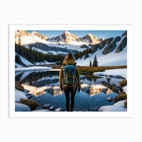 Woman trekking at snowy winter Alps, Rocky Mountains 12 Art Print