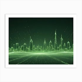 An Abstract Image Of A Cityscape Outlined In Green Glowing Lines, With A Grid Like Pattern Representing A Digital Network Or Cityscape Art Print