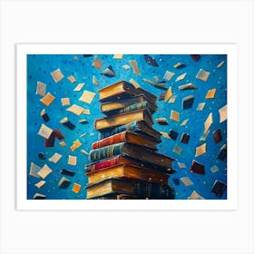 A Captivating Art Piece Featuring A Towering Stack Of Books With Flying Letters 1 Art Print