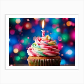 Cupcake With Vibrant Swirls Of Pink Blue And Green Frosting Single Lit Candle Atop Celebrating A (5) Art Print