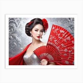 Chinese Woman With Red Fan Art Print