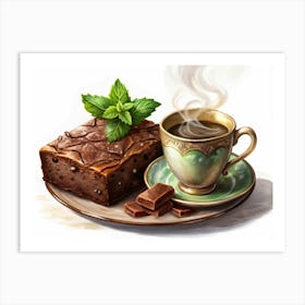 Steaming Cup Of Coffee And Chocolate Brownie With Mint Art Print