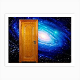 Wooden Door Ajar Revealing The Swirling Arms Of A Vast Spiral Galaxy Intricate Patterns Of Yellow (1) Art Print