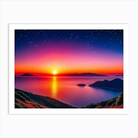 An Ultra Clear Digital Render Of The Setting Sun Hanging Low On The Horizon Drawn With Vibrant Saff Art Print