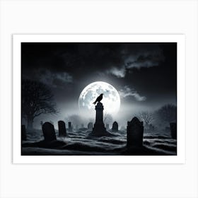 Full Moon Illuminating A Night Sky Clouded By Whispers Of Fog Gravestones Silhouetted Against The E Art Print