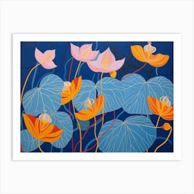 Lotus art deco. Floral art. Dark blue and orange. Living room or bathroom design Art Print