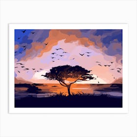 Sunset With A Tree Art Print