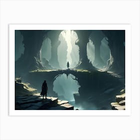 A Fantasy Illustration Of A Dark, Mysterious Cave With A Figure Standing On A Bridge, Looking Toward A Bright Light At The Other End Art Print