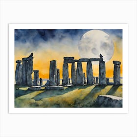 Ravens at Stonehenge ~ Witchy Ancient Sacred Standing Stones Spooky Fairytale Watercolour  Art Print