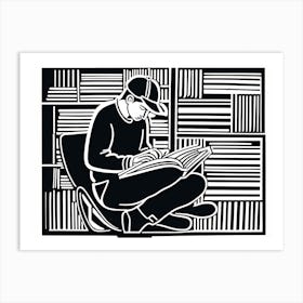 Lion cut inspired Black and white Stylized portrait of a Person reading a book, reading art, book worm, Reader, 192 Art Print