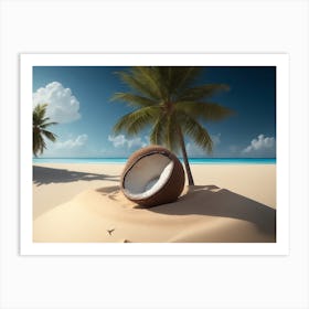 Coconut Palm Tree Rising On The Sandy Beach With Its Fruit Art Print