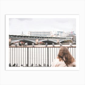 London, England I Scene of a woman contemplating pigeons on the banks of the Thames aesthetic moody with a geometrical
and peaceful grey urban London skyline panorama view with bokeh blur photography Art Print