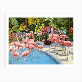 Flamingos By The Pool Art Print