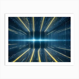 An Abstract, Futuristic Digital Art Composition Featuring A Grid Of Glowing Blue And Yellow Lines Creating A Corridor Or Passageway Into A Bright Light At The End Art Print