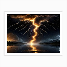 A Dramatic Landscape At Night With A Massive Bolt Of Lightning Striking A Lake, Surrounded By Mountains And A Starry Sky Art Print