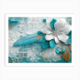 Abstract With White Lattice, Turquoise Elements and Feather Details On A Floral Base Art Print