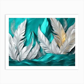 Vibrant 3d Abstract Teal Background Shimmering Silver Feathers Bold Volcanic Peaks 1 Art Print