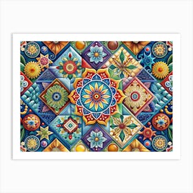 Colorful Geometric Tile Pattern With Floral Motifs Art Print