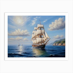 Sailing ship on the sea, oil painting Art Print