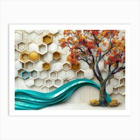 Golden Hexagons and White Lattice Tiles on Oak with A Turquoise Tree Amidst Colorful Art Print