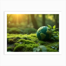 A Miniature Green Globe Resting On A Bed Of Moss In A Lush Forest With Sunlight Streaming Through The Trees, Symbolizing Environmental Awareness And Sustainability Art Print