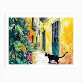 Malaga, Spain   Cat In Street Art Watercolour Painting 3 Art Print