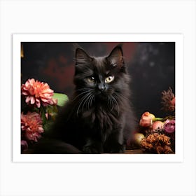 Black Cat With Flowers Art Print