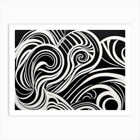 Retro Inspired Linocut Abstract Shapes Black And White Colors art, 186 Art Print