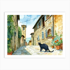 Black Cat In Arezzo, Italy, Street Art Watercolour Painting 4 Art Print