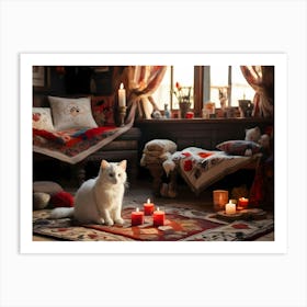 White Cat In A Room With Candles Art Print