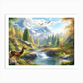 Nature Travel Lovely Countryside View Valley Meadow Beautiful Place Background with Mountains, Deer Animals, Flowers 1 Art Print