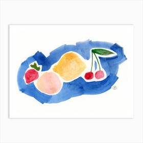 Fruits On Blue - watercolor hand painted food kitchen cherry strawberry lemon horizontal living room illustration Art Print