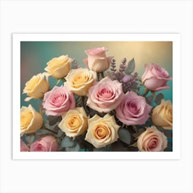 Bouquet Of Delicate Pink And Yellow Roses On A Soft Focus Green Background, Bathed In Warm Light Art Print