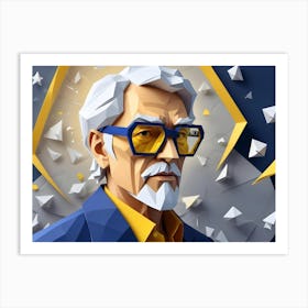 Low Poly Portrait Of A Man With White Hair, A Beard, Yellow Glasses, And A Blue Suit, Set Against A Geometric Background Of Gray And Yellow Shapes Art Print