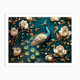 3d Artwork Peacock Illustration Background with Golden Jewelry and Flowers 1 Art Print