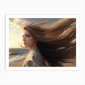 Girl With Wind Blown Hair By The Shore Art Print
