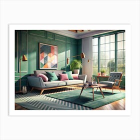 Mid Century Modern Living Room With Green And White Accents Art Print