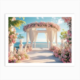 Artistic Depiction of Stunning Seascapes Featuring a White Gazebo Surrounded by Pink Flowers Art Print