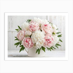 A Bouquet Of Pastel Pink And Pristine White Peonies With Hints Of Red Arranged Densely In A Natural (4) Art Print