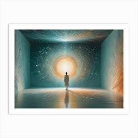 A Digital Art Illustration Of A Woman Standing In A Room With A Glowing Portal In The Wall, Representing A Journey Or Transition Art Print