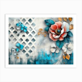 Abstract With White Lattice, Turquoise Elements, And Feather Details On A Floral Base 1 Art Print