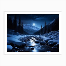 Midnight Dark Night Embracing Snow Covered Mountain Forests Peaks Stark Against The Ebony Sky Scat Art Print