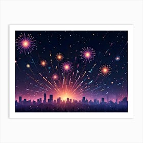 A View Of A Cityscape At Night, With Multiple Fireworks Exploding In The Sky Art Print