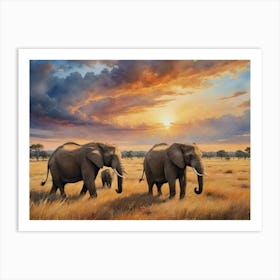 Elephants At Sunset Golden Grasses, Endless Skies Art Print