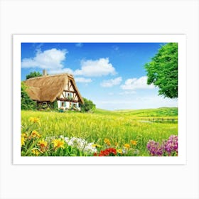 Quaint House Nestled In A Meadow Awash With Vibrant Summer Blooms Foreground Focused Detailed That Art Print