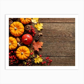 Autumn Themed Table Decor Featuring An Assortment Of Yellow And Orange Leaves Acorns Amidst A Garde (7) Art Print