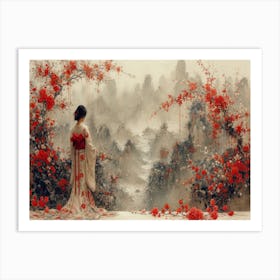 Geisha Grace: Elegance in Burgundy and Grey. Chinese Woman In Red Dress Art Print