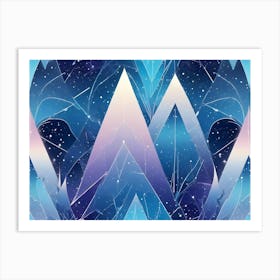 Seamless Pattern Of Stylized Mountains In Shades Of Blue And Purple, With A Starry Sky Background Art Print