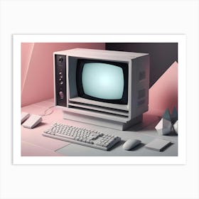 A Retro Computer Setup On A Desk, With A Crt Monitor, Keyboard, Mouse, And Geometric Shapes Art Print