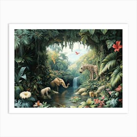 3d Jungle Scene With Exotic Animals 1 Art Print